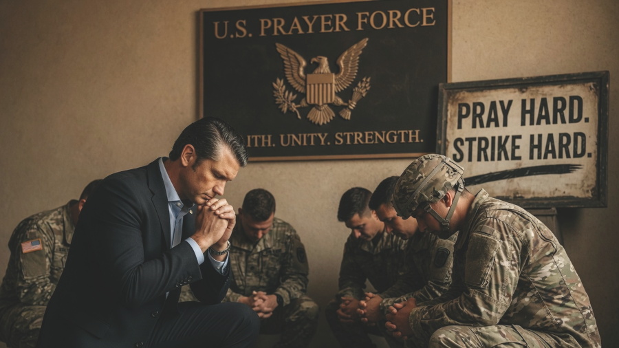 Pete Hegseth praying with soldiers of the U.S. Prayer Force